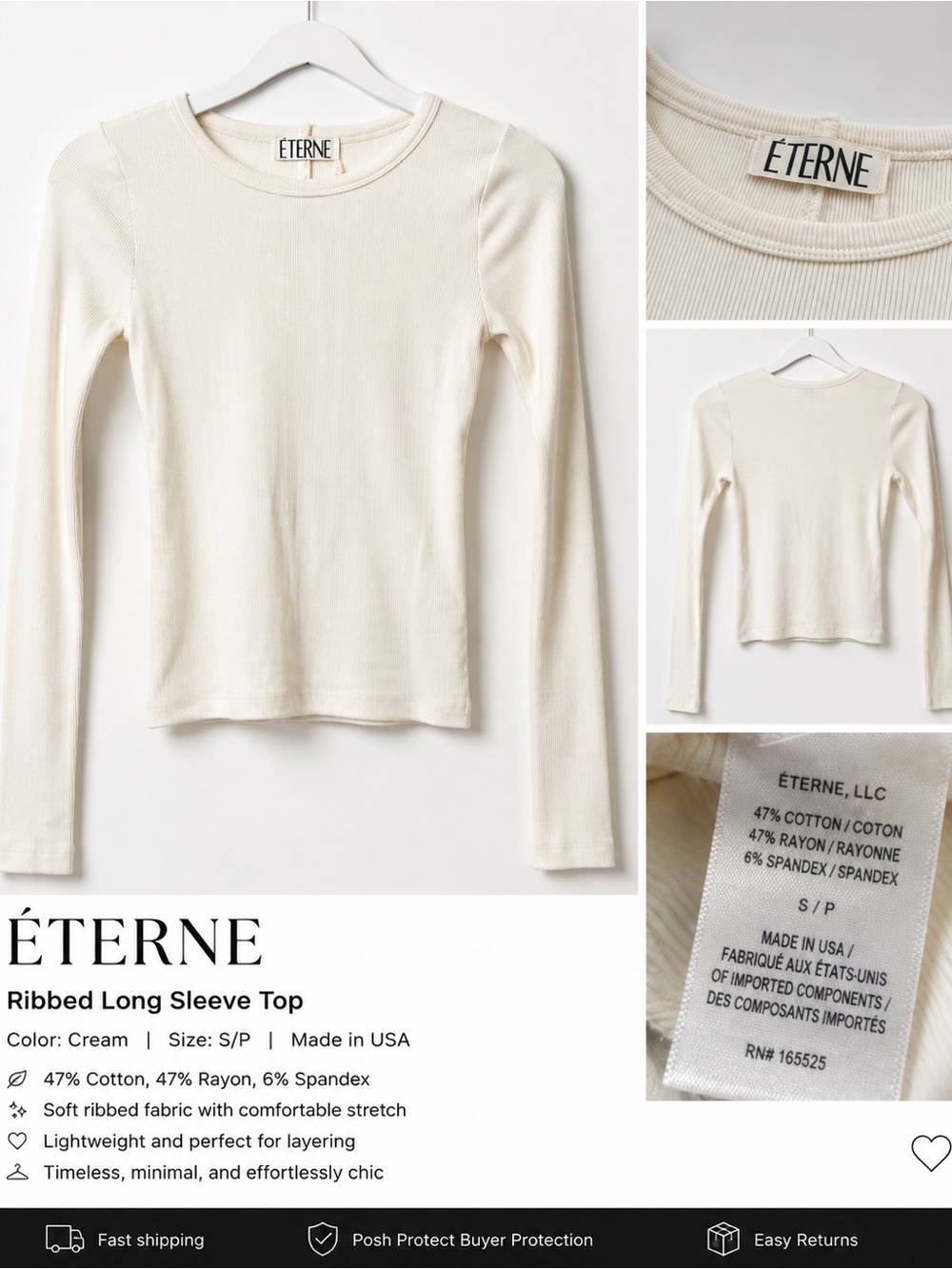 Éterne Cream Ribbed Long Sleeve Tee